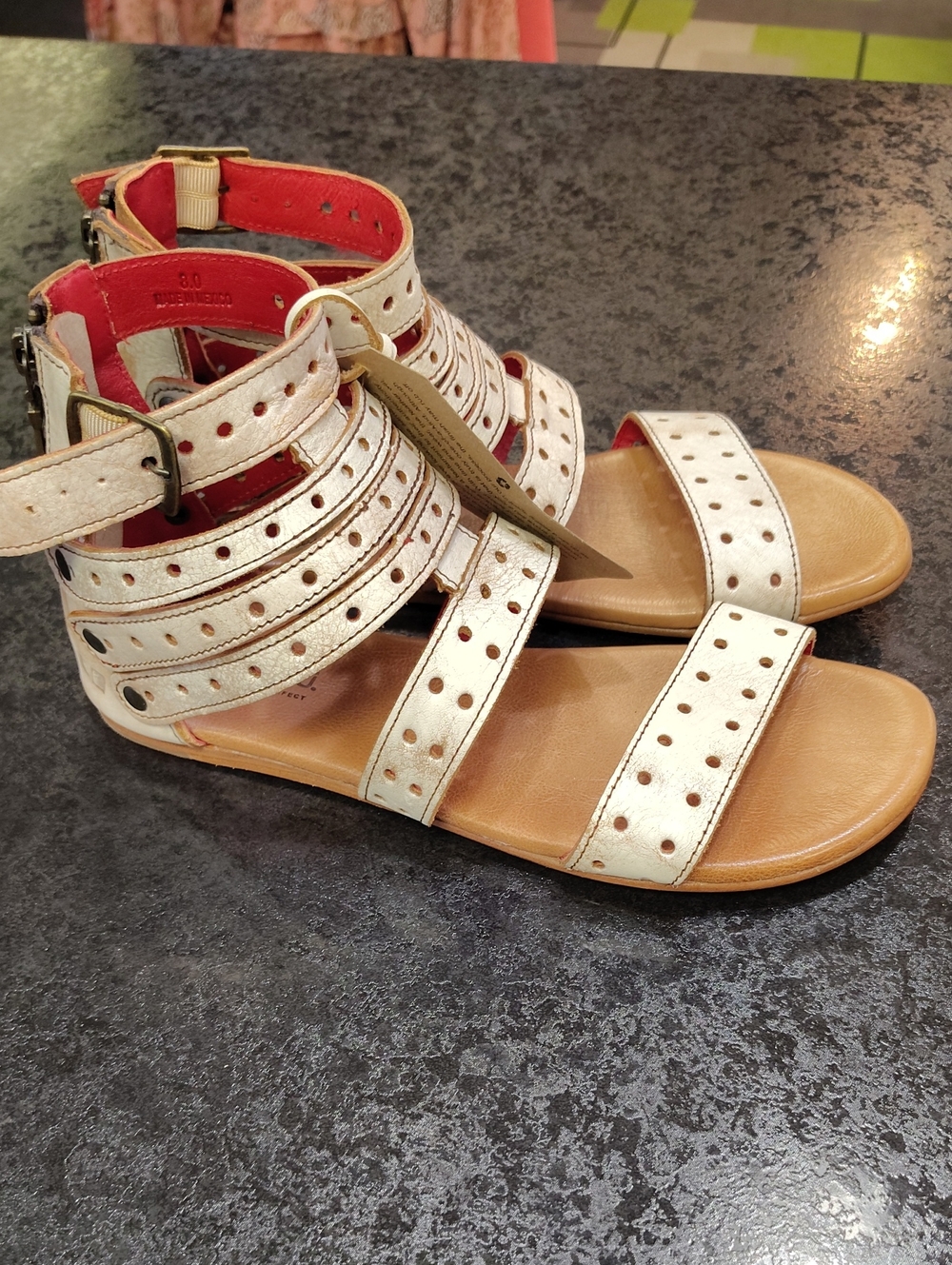 Bed Stu Metallic Cream Strappy Gladiator Sandals with Red Lining